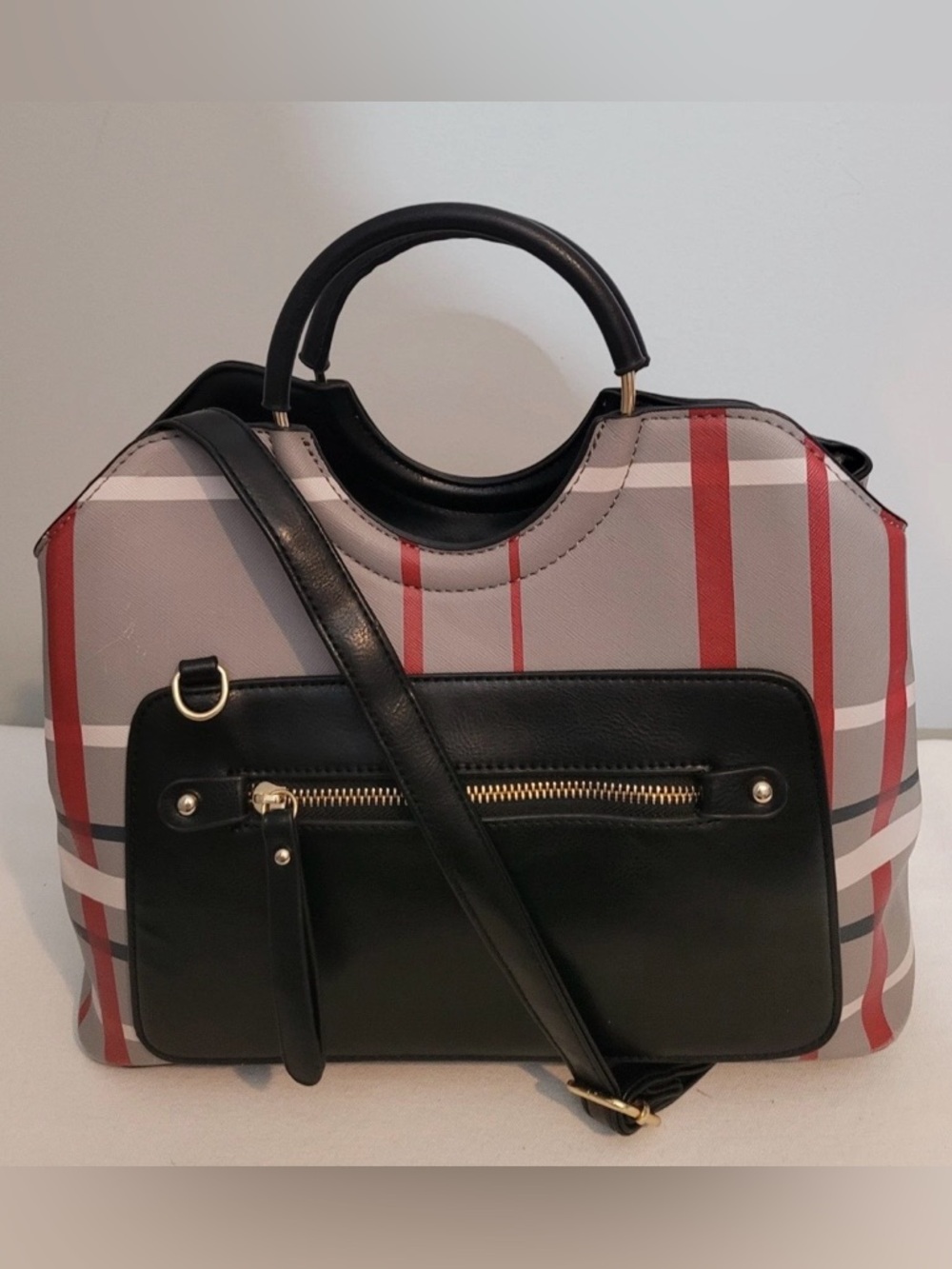 Black & Red Plaid Satchel Crossbody Bag Coated Canvas Faux Leather Trim